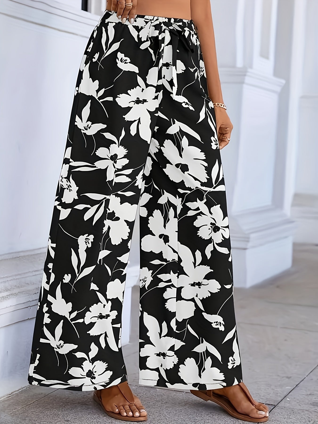 Floral Print Bow Knot High Rise Wide Leg Pants