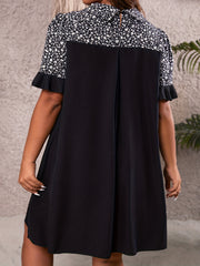 Colorblock Ditsy Print Ruffle Trim V Neck Dress