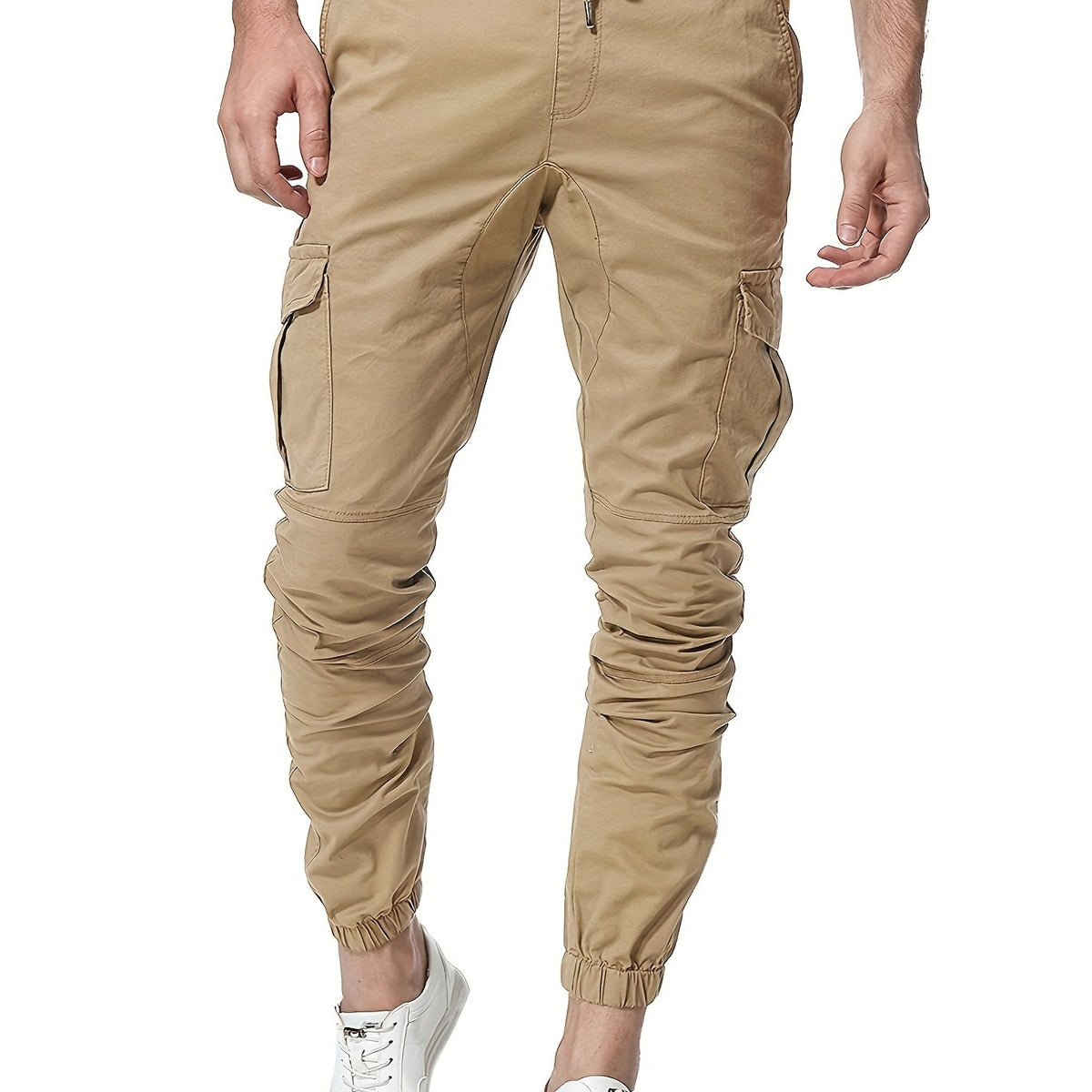 Solid Men's Drawstring Cargo Pants Flap Pocket Jogger Pants