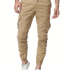 Solid Men's Drawstring Cargo Pants Flap Pocket Jogger Pants