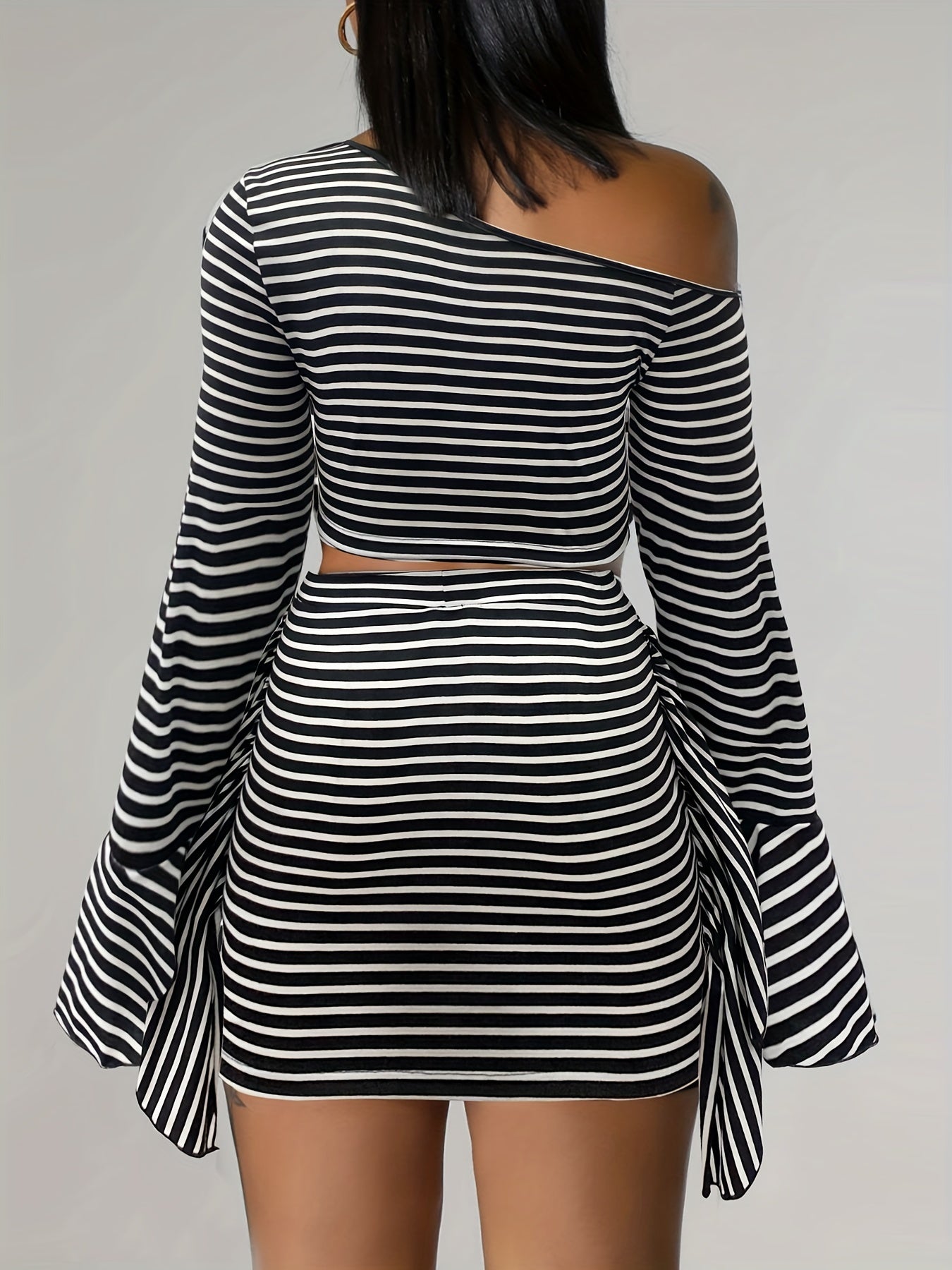  Stripe Print Bell Sleeve Top & Ruffle Trim Skirt Set