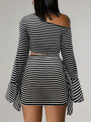  Stripe Print Bell Sleeve Top & Ruffle Trim Skirt Set