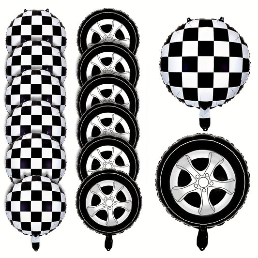 12 Pcs Checkered Racing Balloons & Car Wheel Aluminum Foil Race Car Balloons