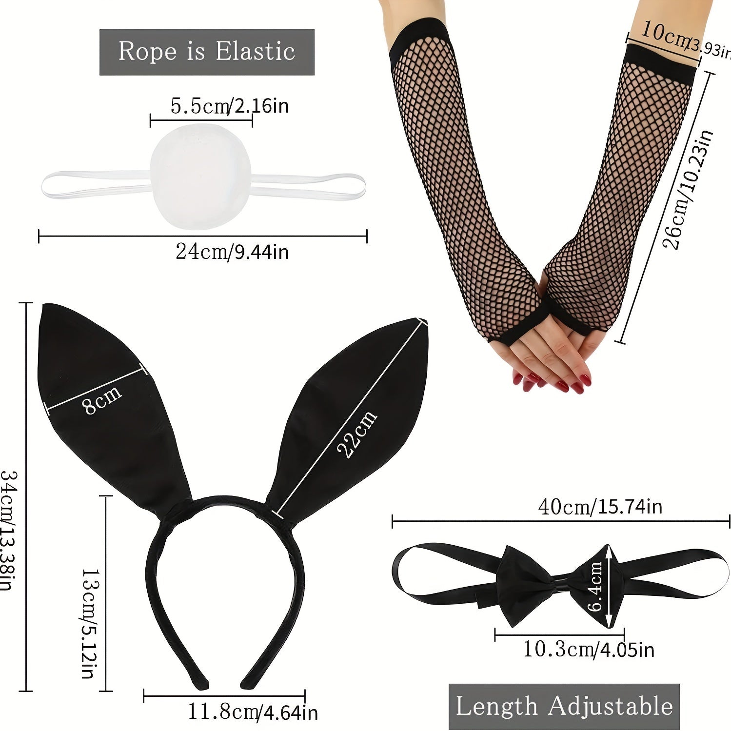 Flapper Accessories Set Rabbit Ears Headband Bow Tie Fishnet Hand Stocking