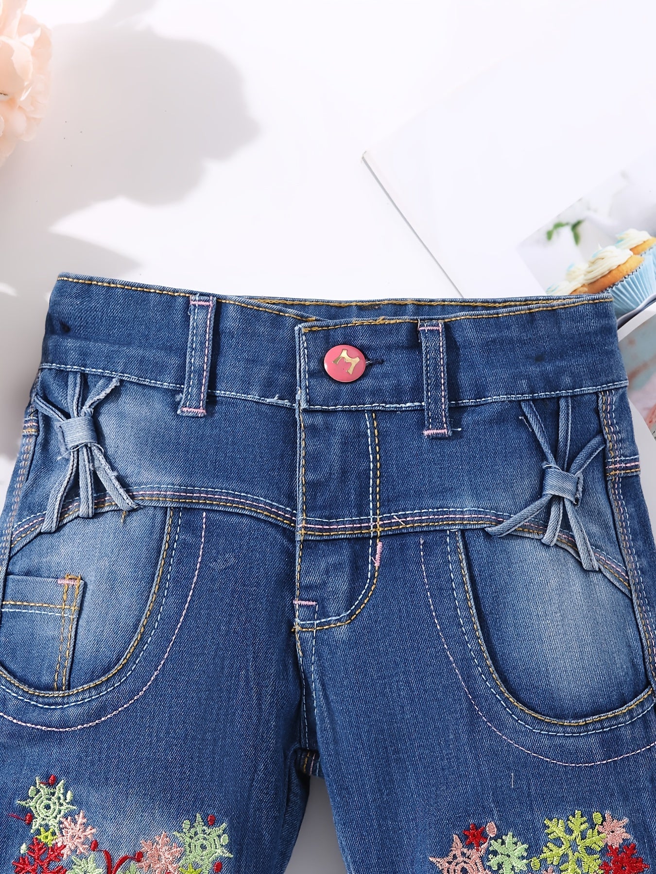 Girls' Floral Butterfly Embroidered Denim Capris
