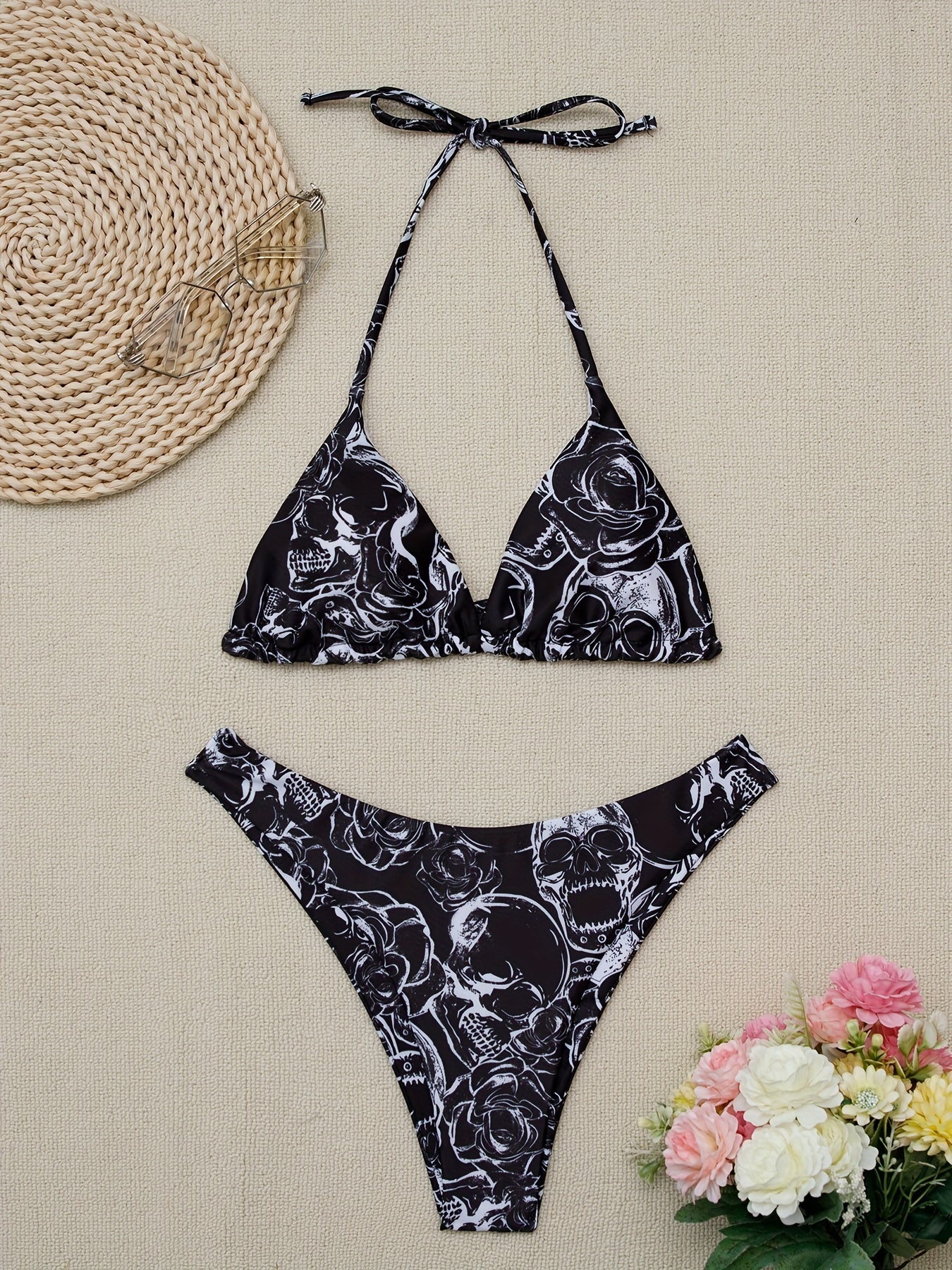 Skull & Floral Bikini Set V Neck High Cut Swimsuit