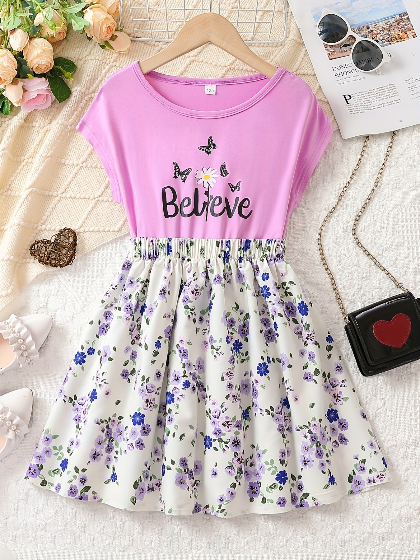 Girls Butterfly & Flowers Graphic Batwing Sleeve Princess Dress