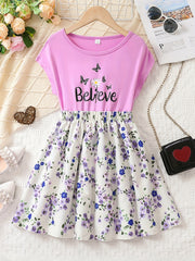 Girls Butterfly & Flowers Graphic Batwing Sleeve Princess Dress
