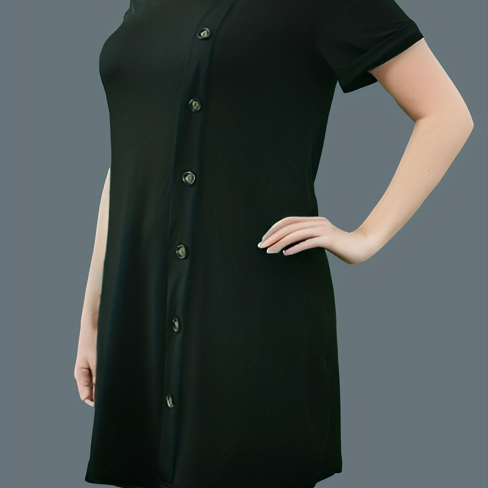  Solid Button Decor Short Sleeve Round Neck Dress