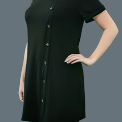  Solid Button Decor Short Sleeve Round Neck Dress