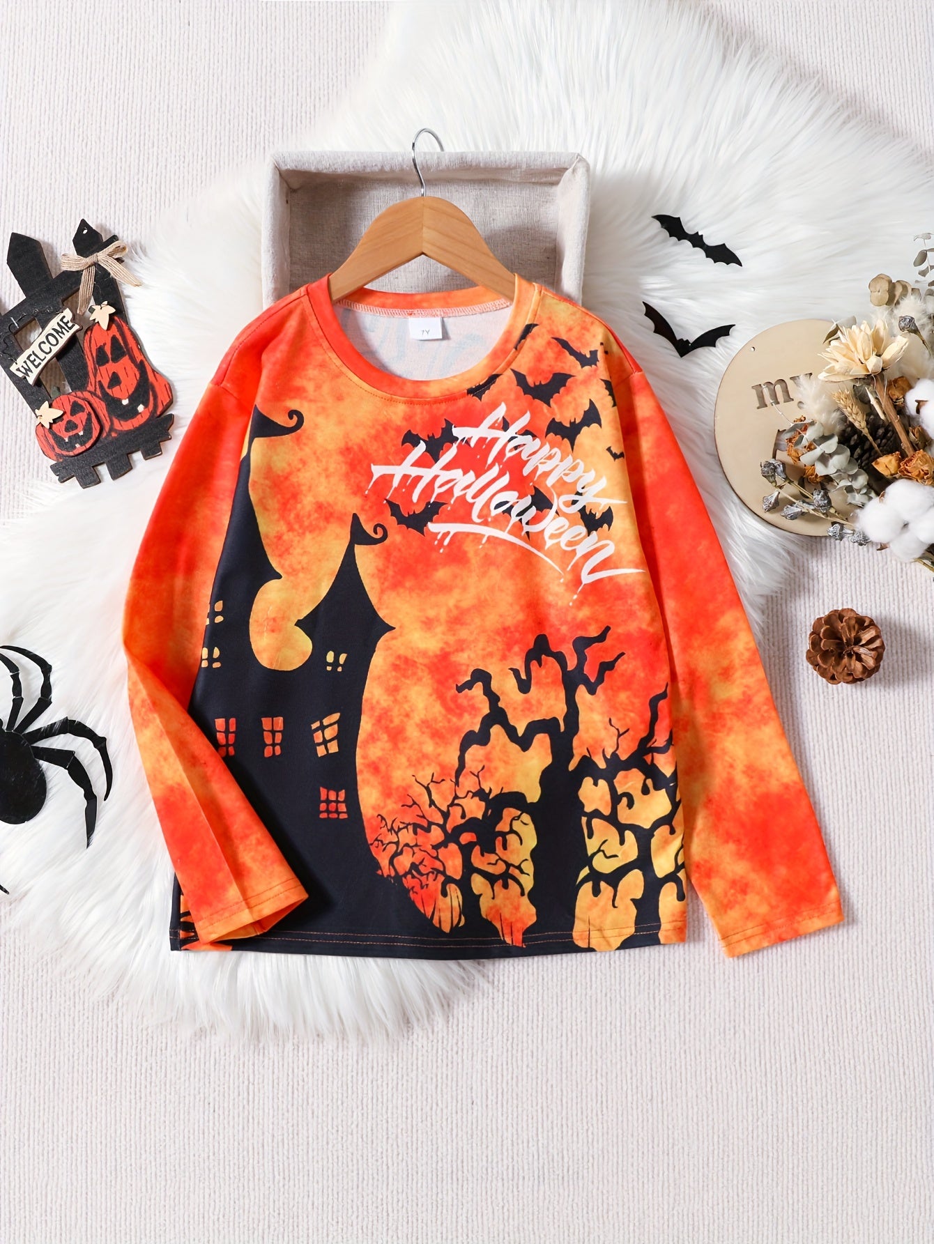 3D Printed Halloween Castle Long-sleeved T-shirt for Kids