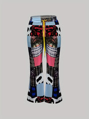 Plus Patchwork Print High Rise Flared Leg Trousers