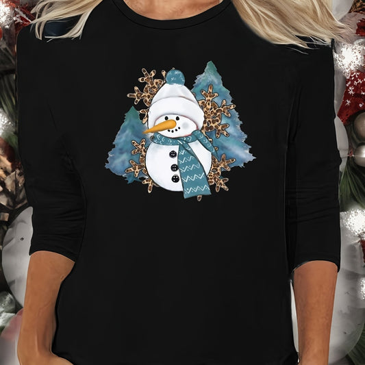 Christmas Snowman Print Lounge Top Long Sleeve Crew Neck Women's Pajamas