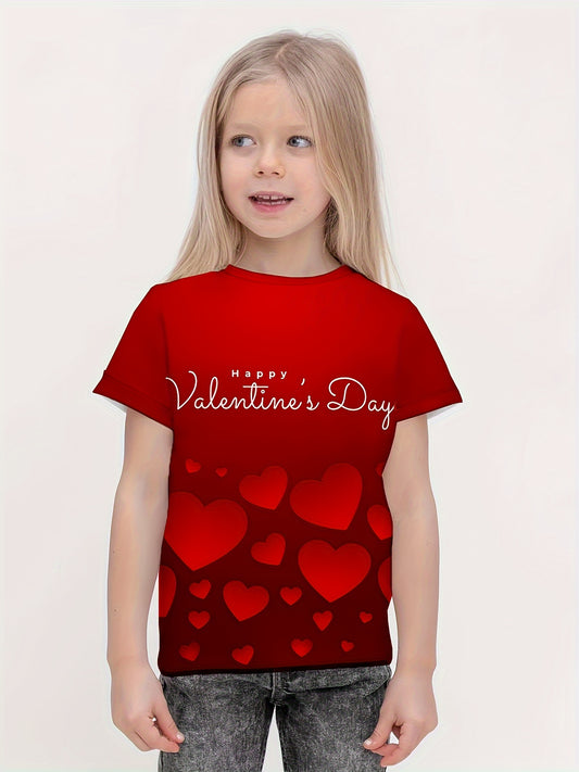 Heart & HAPPY Print Short Sleeve T shirt For Girls Summer Clothes