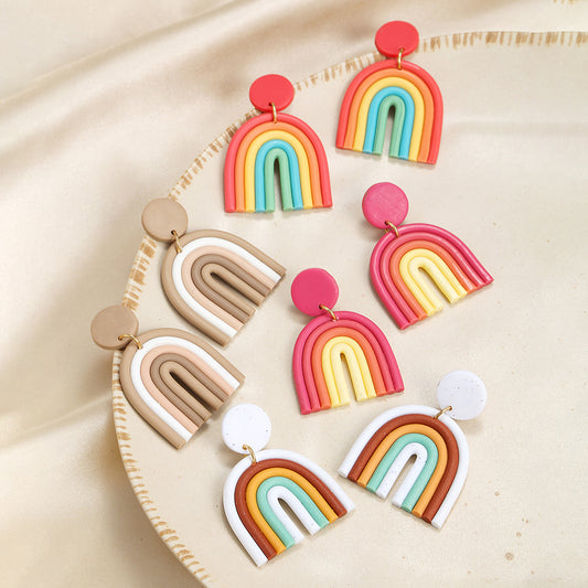 Colorful Ceramic Polymer Clay Loop Stud Earrings Sweet Lovely Candy Rainbow