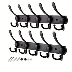 2pcs Wall Mounted Storage Rack with 5 Tri Hooks for Clothes Coat Towels Bath