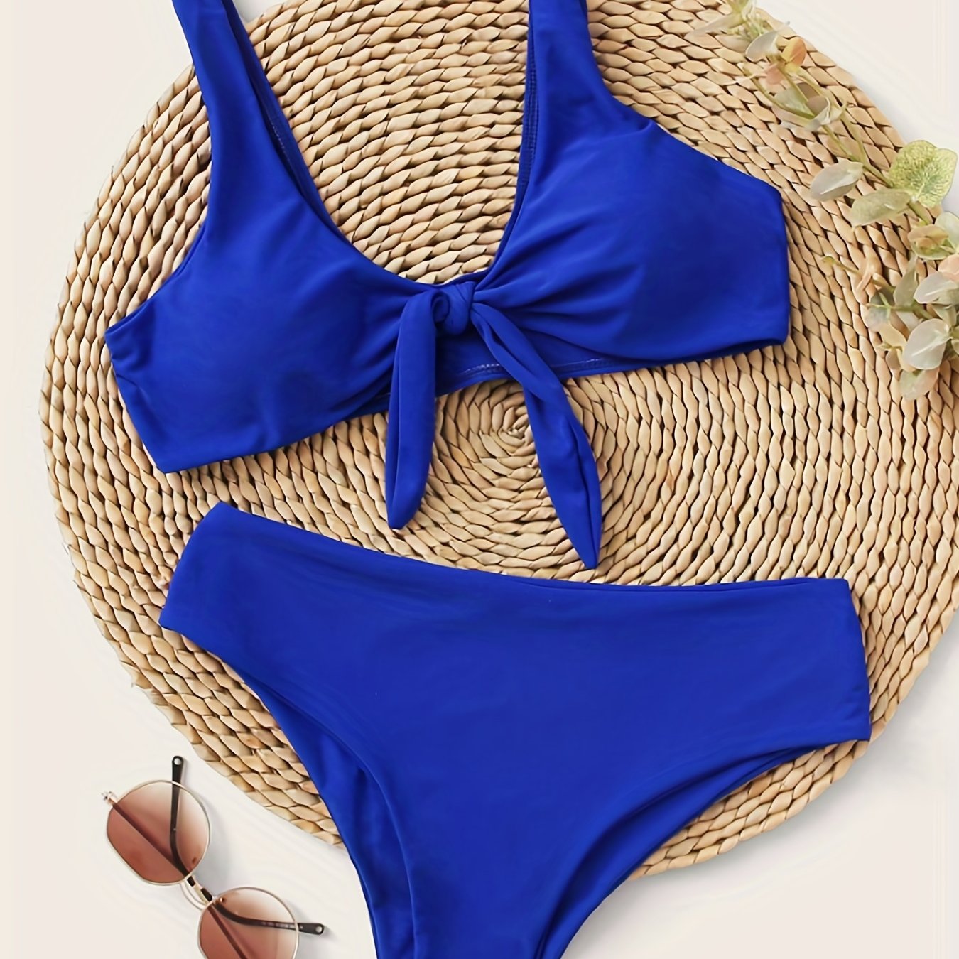 Solid Knot Front V Neck Bikini Set 2 Piece Swimsuit