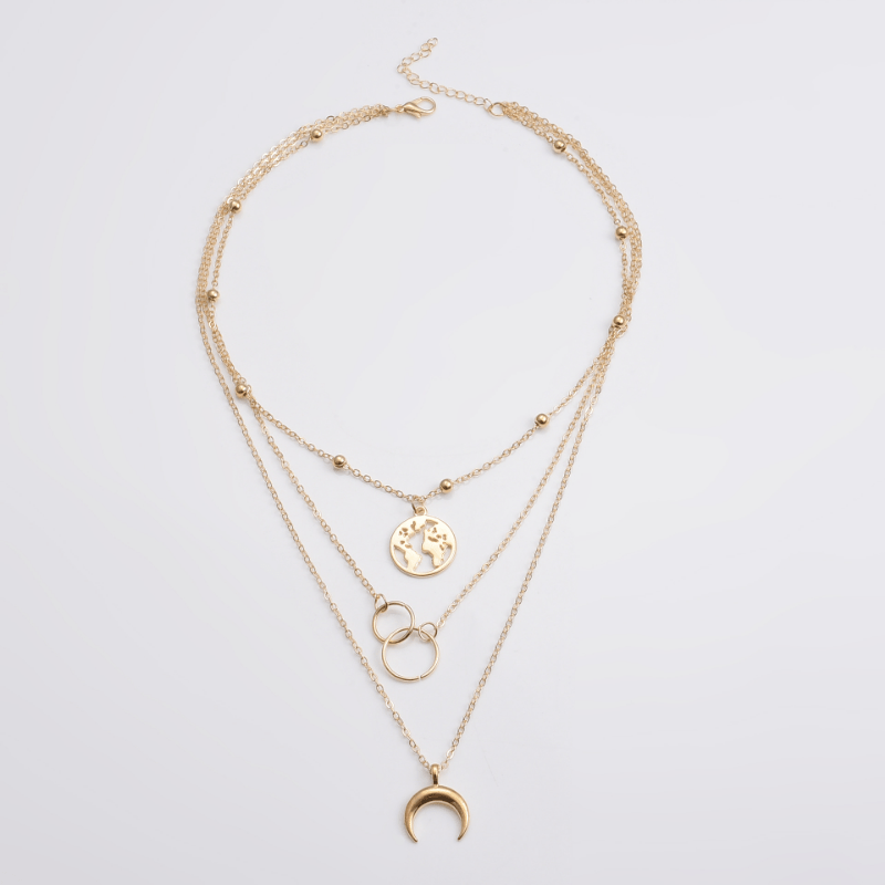 Boho Vintage Multilayer Moon Map Charm Necklace