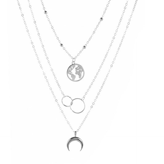 Boho Vintage Multilayer Moon Map Charm Necklace