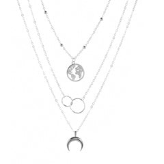 Boho Vintage Multilayer Moon Map Charm Necklace