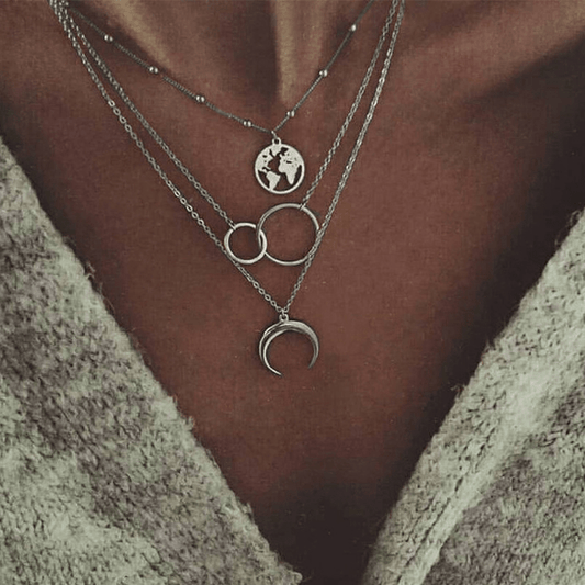 Boho Vintage Multilayer Moon Map Charm Necklace