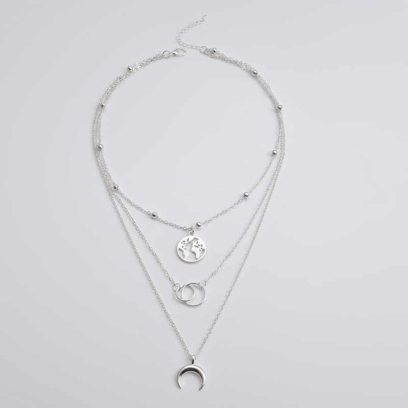 Boho Vintage Multilayer Moon Map Charm Necklace