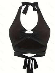 Heart Pattern Decor Halter Neck Top Beach Wear Backless Cross Tie Back