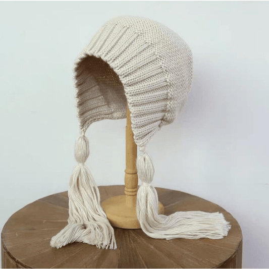 Long Twist Braided Sweater Hat Women's Tassel Knitted Hat Solid Warm Ear Protect