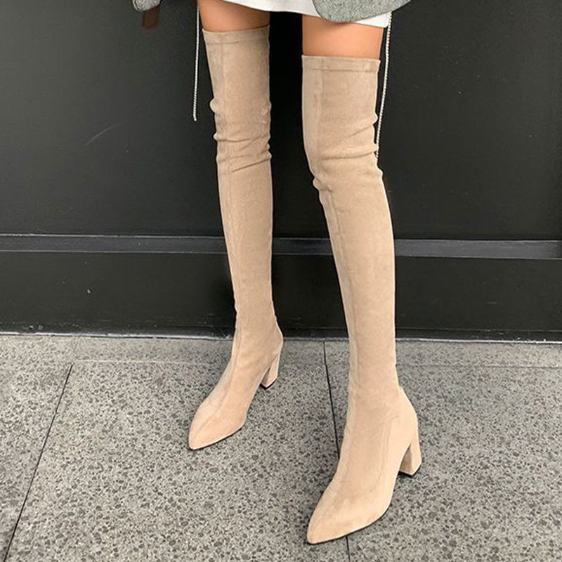Chunky Heeled Over The Knee Boots Zip Back Long Boots