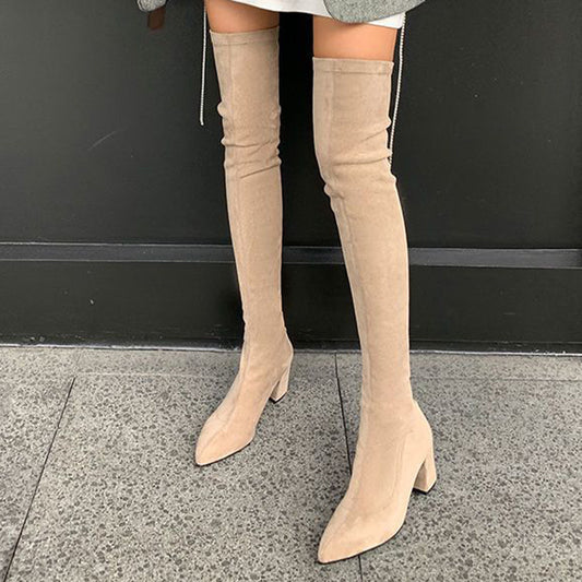 Chunky Heeled Over The Knee Boots Zip Back Long Boots