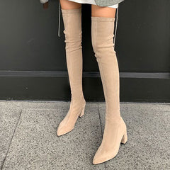 Chunky Heeled Over The Knee Boots Zip Back Long Boots