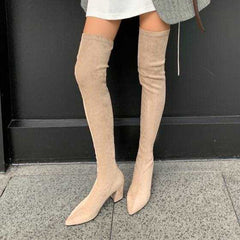 Chunky Heeled Over The Knee Boots Zip Back Long Boots