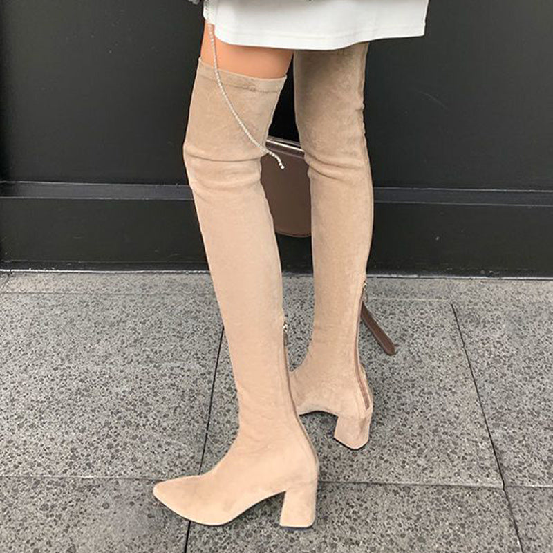 Chunky Heeled Over The Knee Boots Zip Back Long Boots