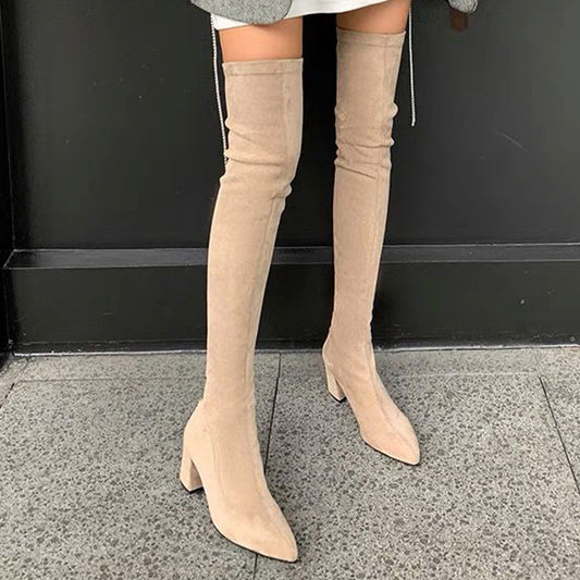 Chunky Heeled Over The Knee Boots Zip Back Long Boots