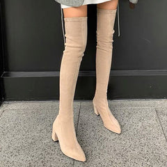 Chunky Heeled Over The Knee Boots Zip Back Long Boots