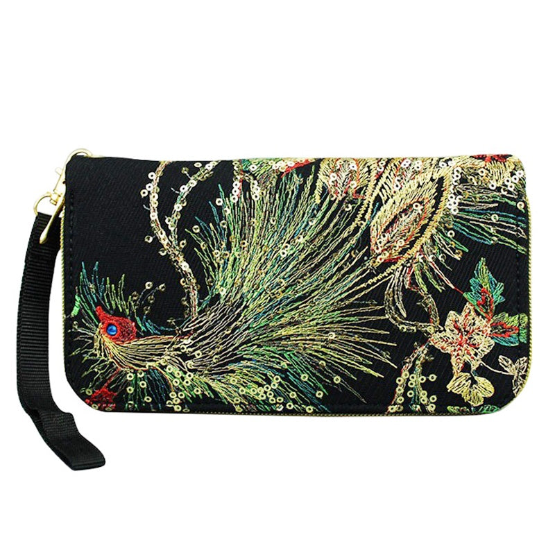 Women's Embroidery Wallet Peacock Print Clutch Layered Phone Bag