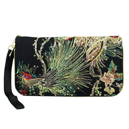 Women's Embroidery Wallet Peacock Print Clutch Layered Phone Bag