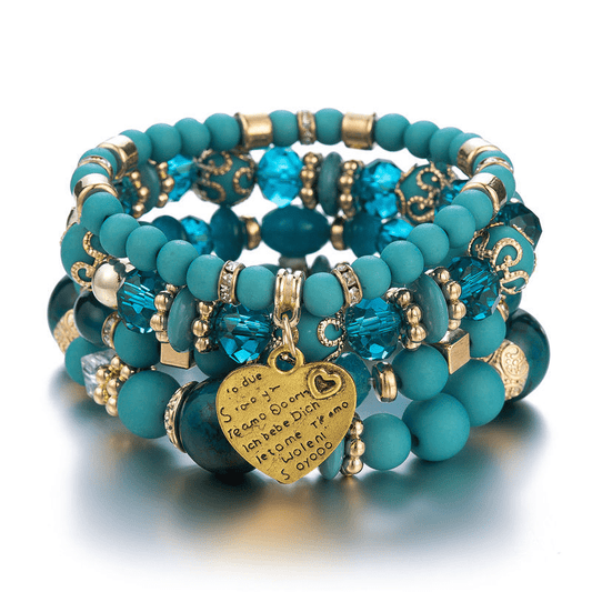 Heart Charm Bead Layered Bracelet Set Vintage Jewelry Gift