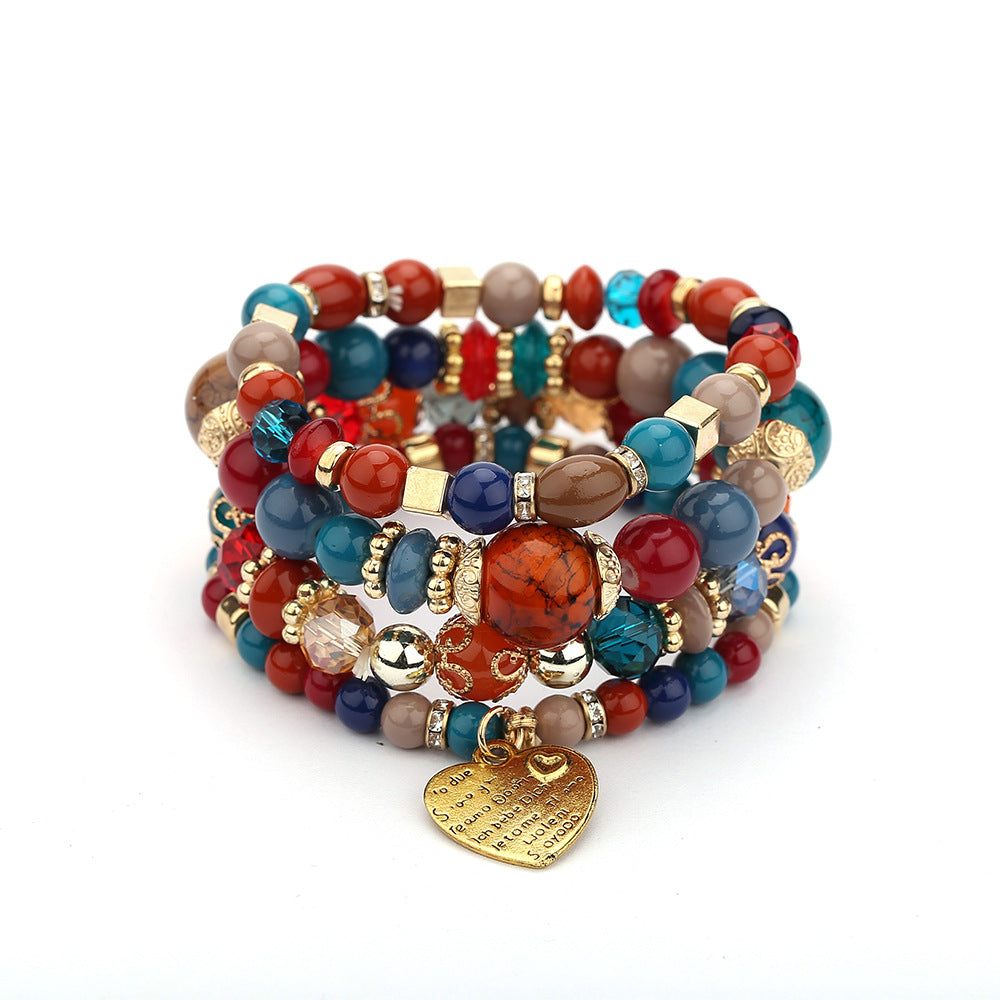 Heart Charm Bead Layered Bracelet Set Vintage Jewelry Gift