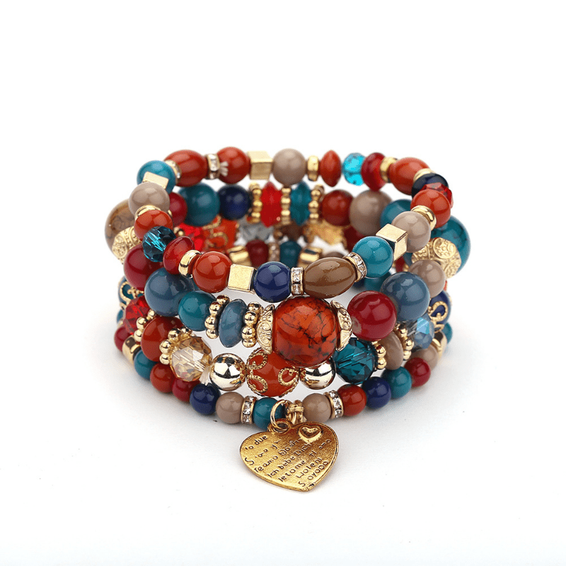 Heart Charm Bead Layered Bracelet Set Vintage Jewelry Gift