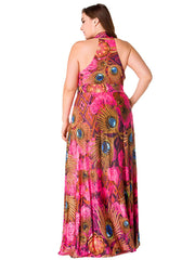  Deep V Neck Halter Ethnic Print Maxi Dress