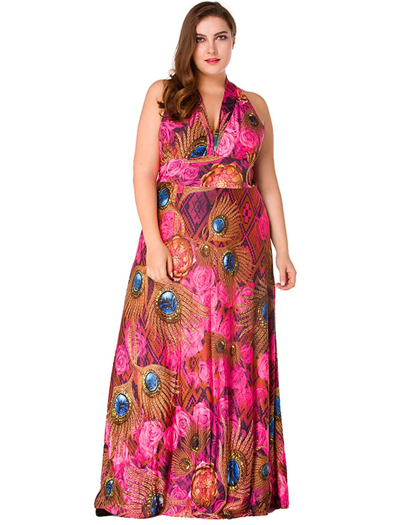  Deep V Neck Halter Ethnic Print Maxi Dress