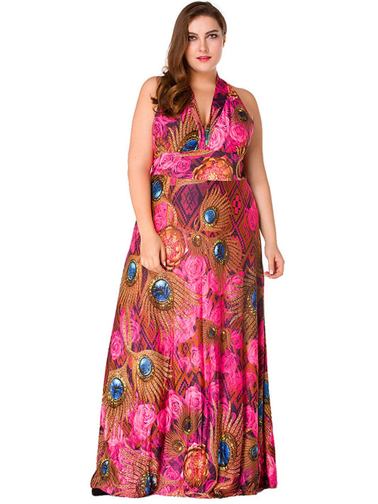  Deep V Neck Halter Ethnic Print Maxi Dress