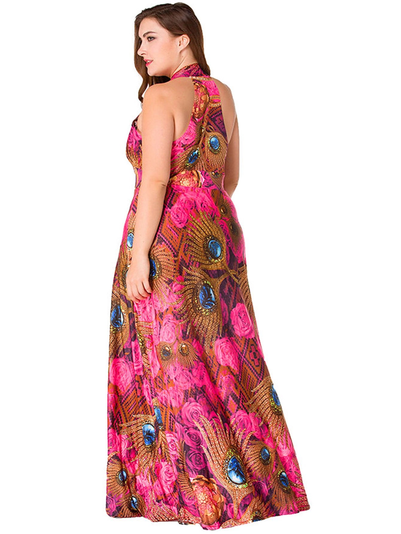  Deep V Neck Halter Ethnic Print Maxi Dress