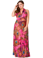  Deep V Neck Halter Ethnic Print Maxi Dress