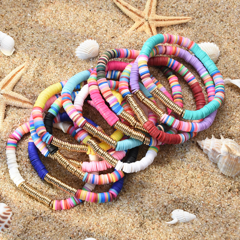 Boho Clay Disc Beads Stretch Bracelet Multicolored Mixed Surf Jewelry