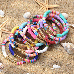 Boho Clay Disc Beads Stretch Bracelet Multicolored Mixed Surf Jewelry