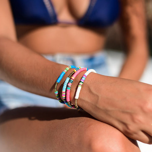 Boho Clay Disc Beads Stretch Bracelet Multicolored Mixed Surf Jewelry
