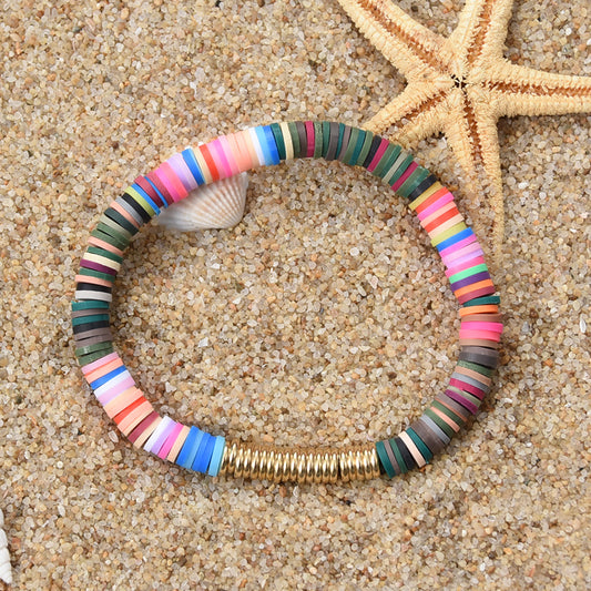Boho Clay Disc Beads Stretch Bracelet Multicolored Mixed Surf Jewelry