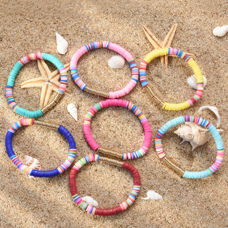Boho Clay Disc Beads Stretch Bracelet Multicolored Mixed Surf Jewelry